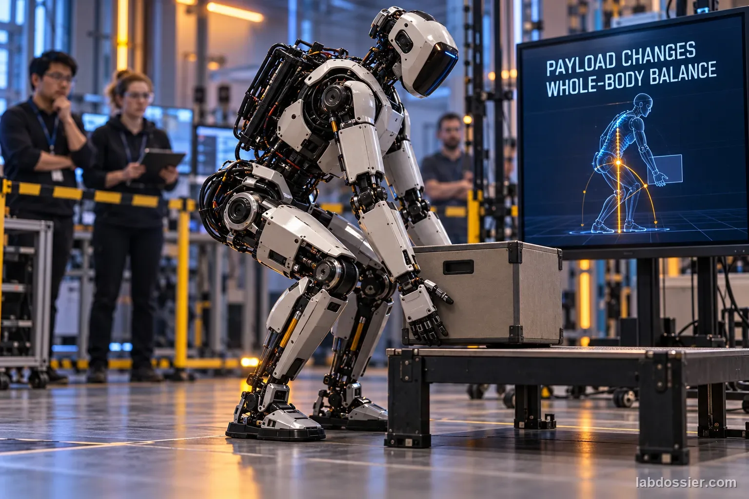 A realistic humanoid research robot bends to lift a crate in a controlled lab beneath the exact monitor headline PAYLOAD CHANGES WHOLE-BODY BALANCE.