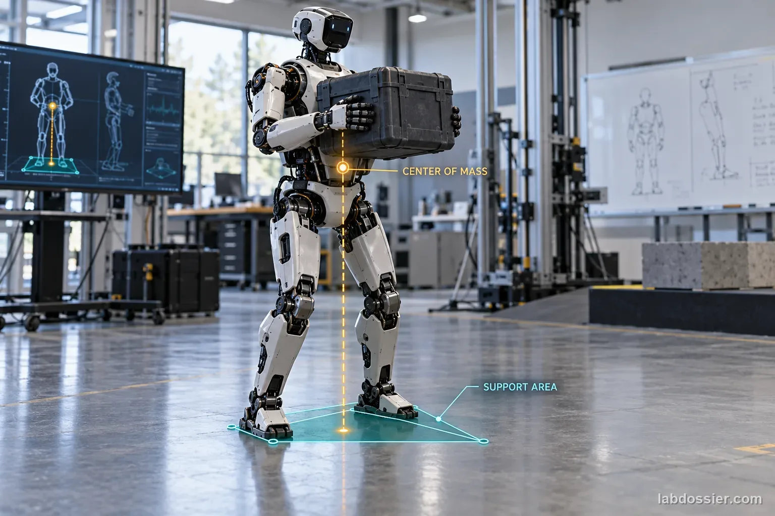 A biped humanoid holds a crate while a technical overlay identifies CENTER OF MASS and SUPPORT AREA at the robot's feet.