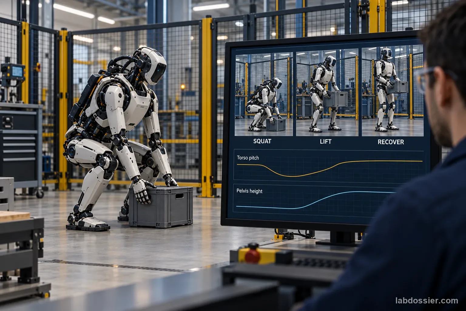 A humanoid research robot prepares to squat and lift while a monitor shows the sequence SQUAT, LIFT, RECOVER and illustrative blank motion traces.