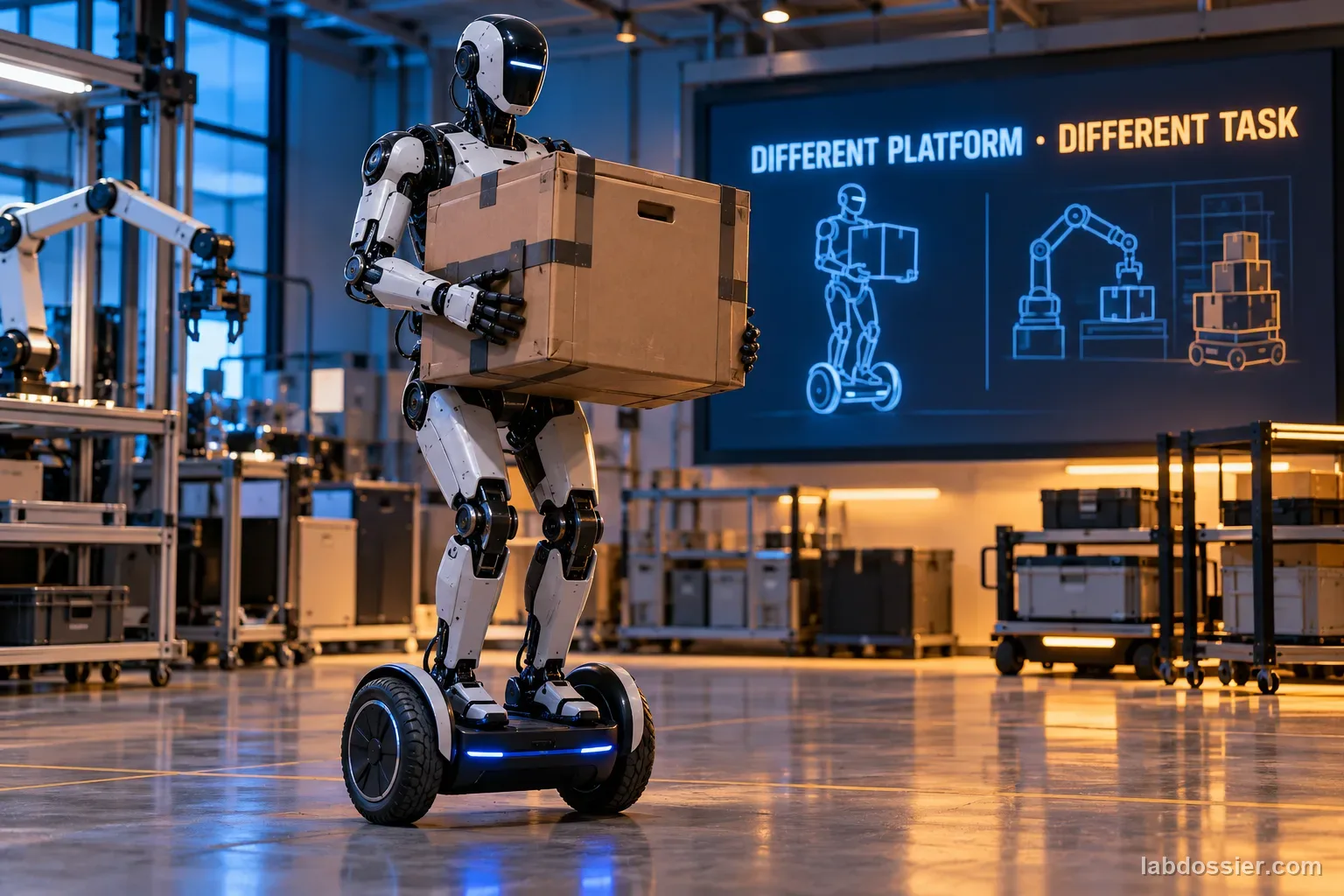 A humanoid carries a large package while standing on a two-wheeled hoverboard beside the exact label DIFFERENT PLATFORM · DIFFERENT TASK.
