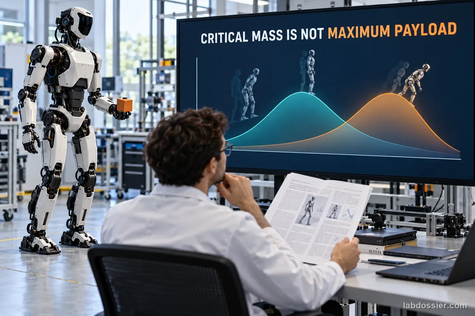 A researcher reviews a humanoid stability model with a conceptual peak-shaped region display and the exact reminder CRITICAL MASS IS NOT MAXIMUM PAYLOAD.