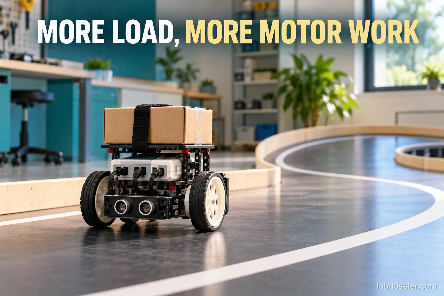 A compact educational wheeled robot carries a small parcel along a smooth loop course; headline reads MORE LOAD, MORE MOTOR WORK.
