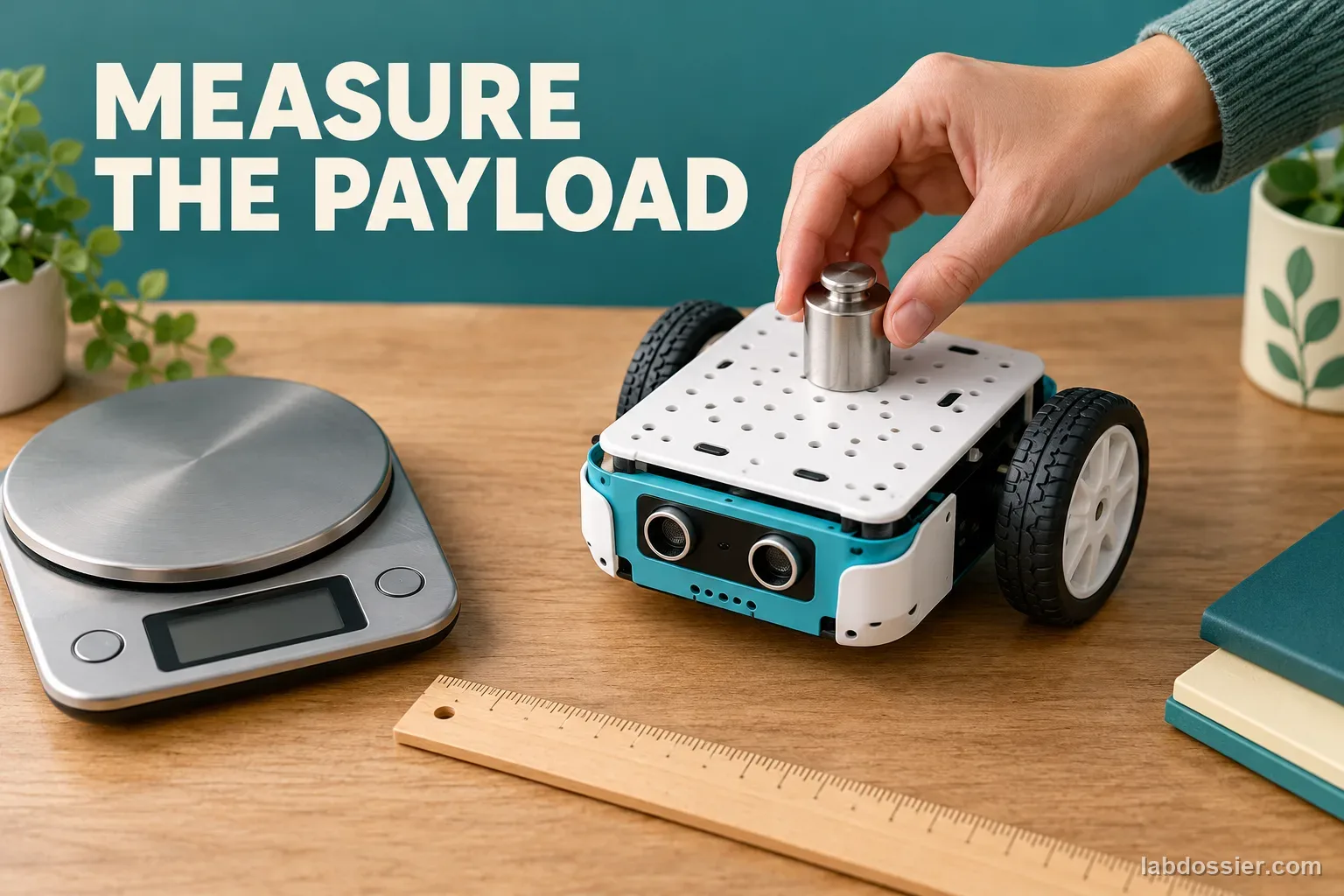 An adult places a small mass on the top deck of a powered-off classroom robot beside a scale and ruler; headline reads MEASURE THE PAYLOAD.