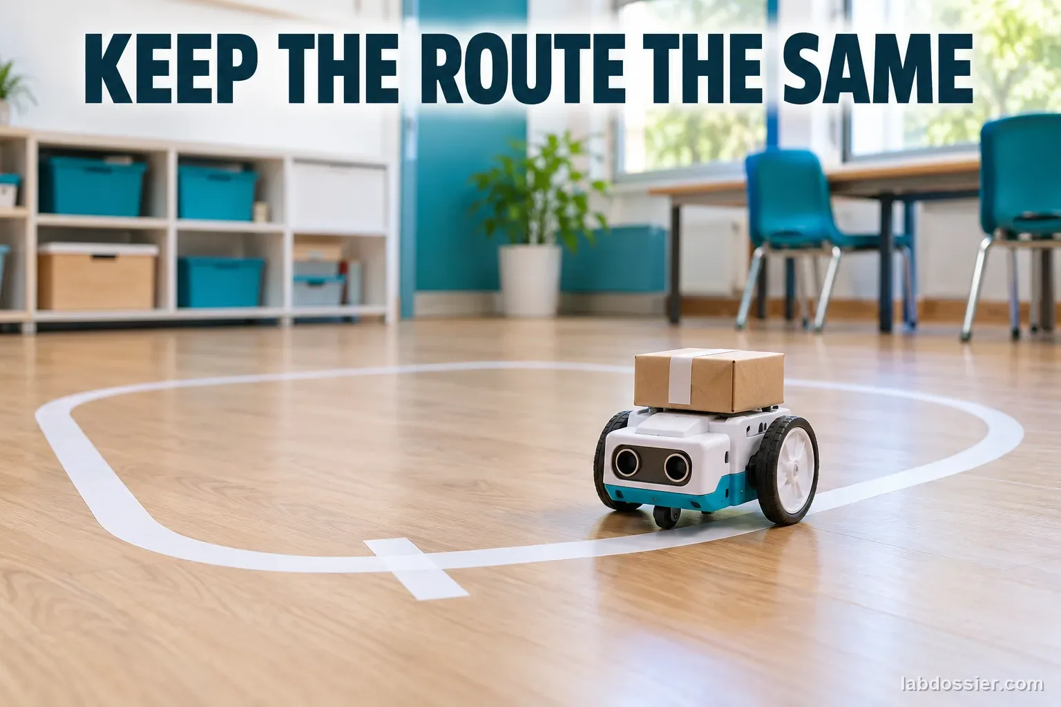 A two-wheel educational robot carries the same parcel around a taped indoor loop; headline reads KEEP THE ROUTE THE SAME.