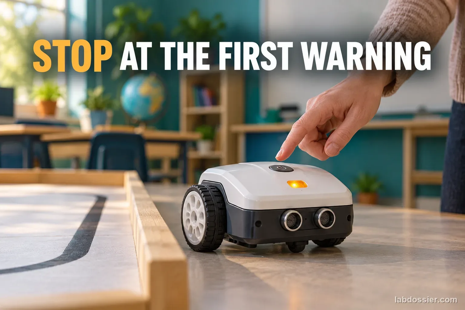 A classroom robot is parked after its ordinary amber battery warning appears, with an adult hand near the normal power button; headline reads STOP AT THE FIRST WARNING.