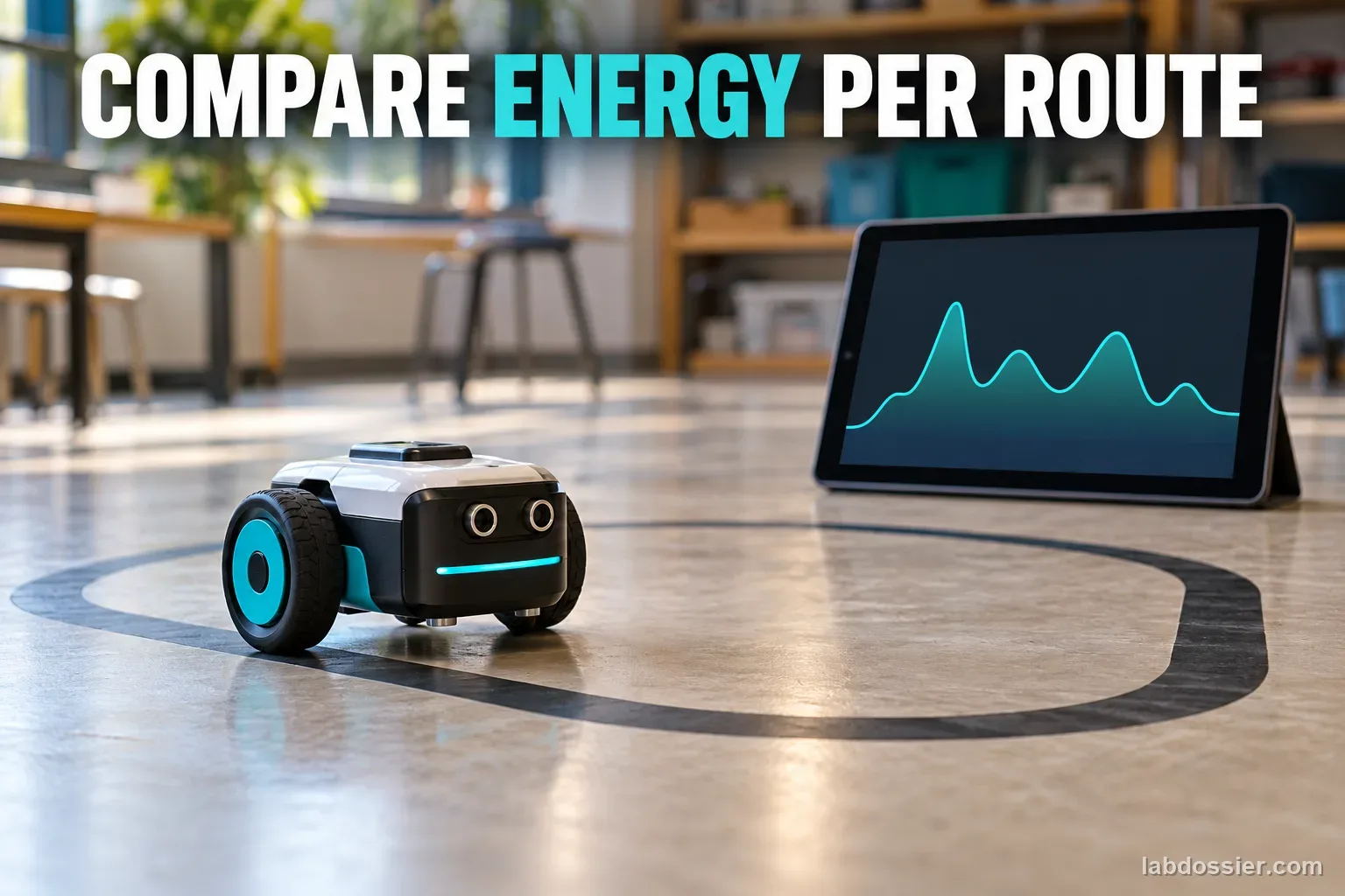 An educational ground robot travels around a loop beside a tablet with a generic unlabeled trace; headline reads COMPARE ENERGY PER ROUTE.