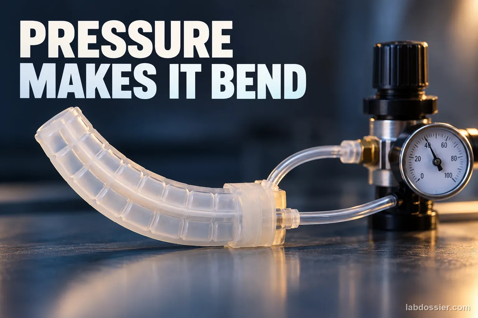 A translucent ribbed silicone pneumatic actuator bends beside a small lab regulator and gauge; the embedded headline reads PRESSURE MAKES IT BEND.