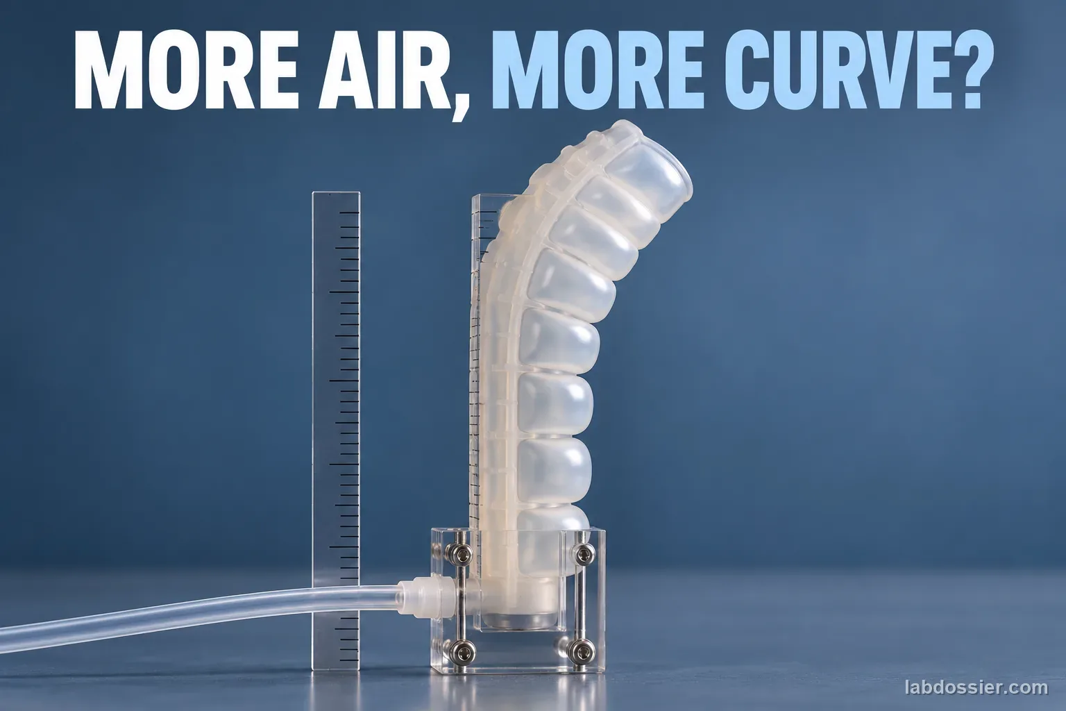A single ribbed soft pneumatic actuator curves gently beside a ruler; headline reads MORE AIR, MORE CURVE?.