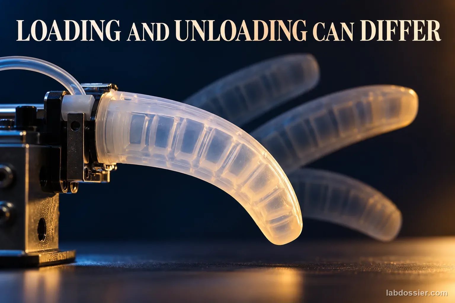 A softly lit silicone robotic finger appears in two subtle positions during flexion; headline reads LOADING AND UNLOADING CAN DIFFER.