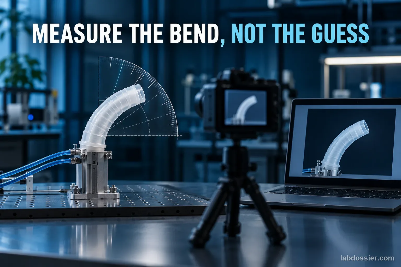 A camera records a curved soft actuator mounted on a lab rig with a laptop preview; headline reads MEASURE THE BEND, NOT THE GUESS.