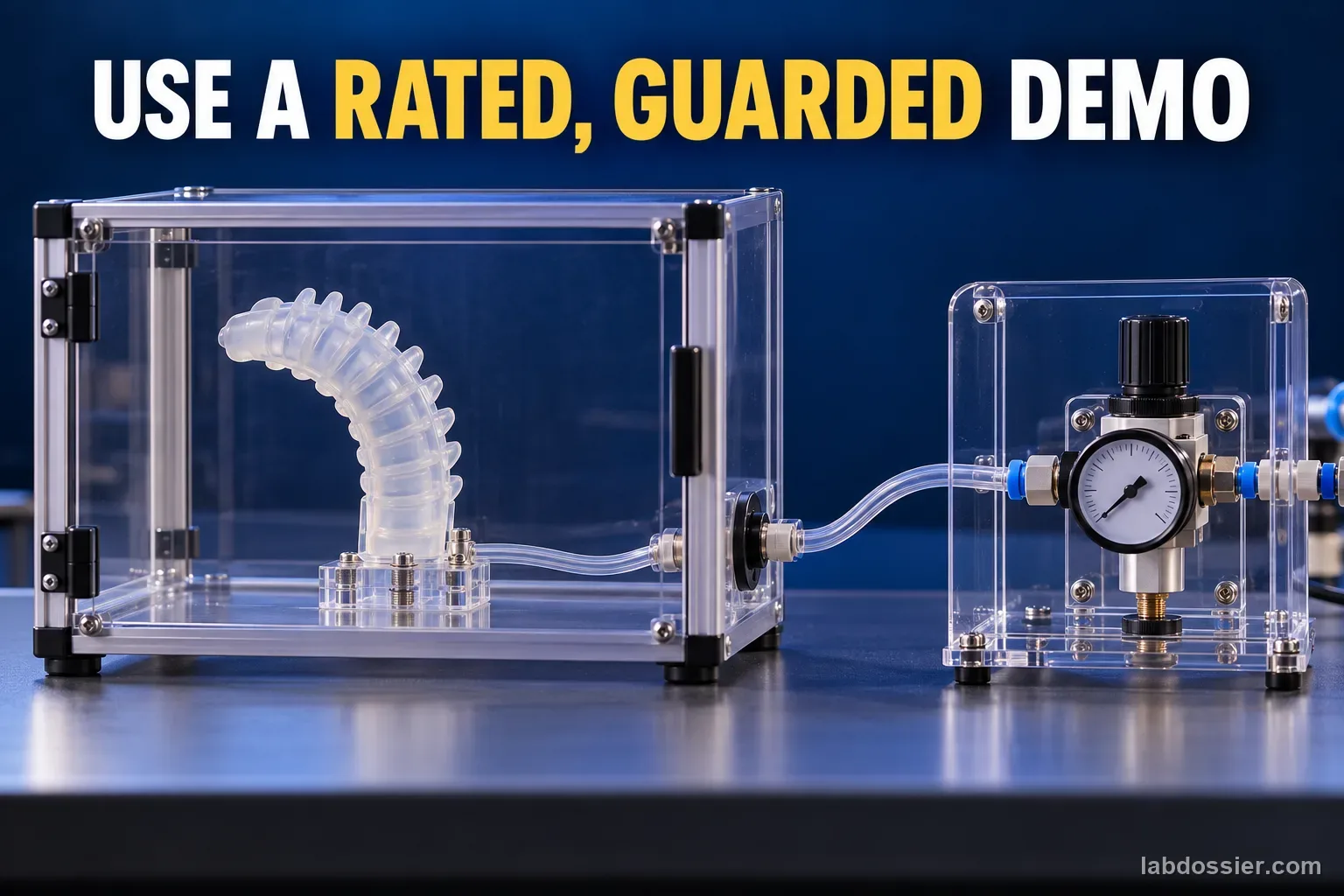 A soft pneumatic actuator is contained within a clear guard next to an external regulator; headline reads USE A RATED, GUARDED DEMO.