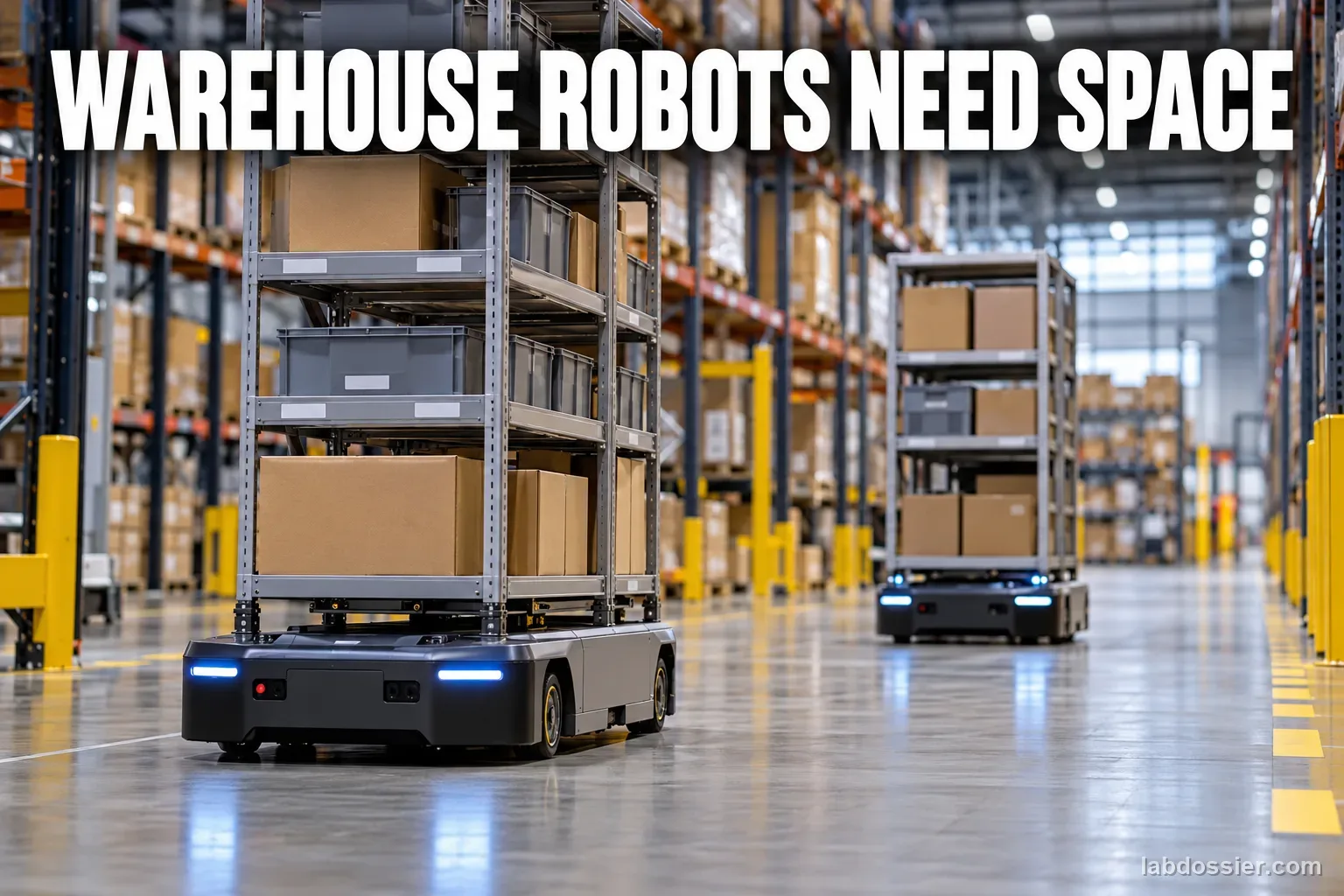 Two autonomous mobile warehouse robots carry inventory shelves through parallel storage aisles; headline reads WAREHOUSE ROBOTS NEED SPACE.