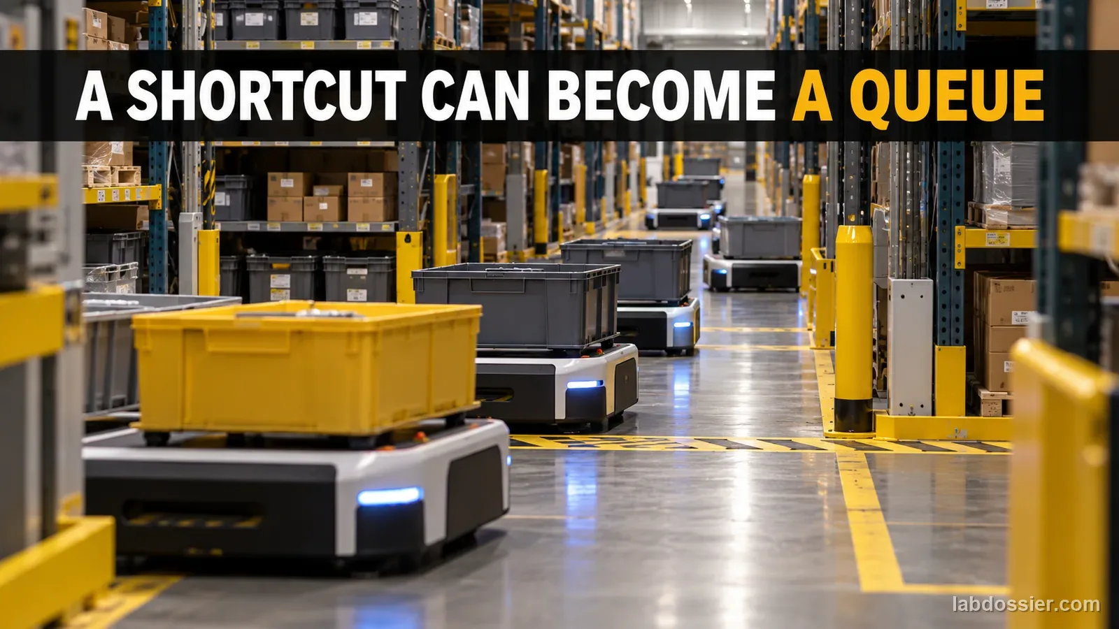 Several mobile robots carrying totes wait in a warehouse aisle near a junction; headline reads A SHORTCUT CAN BECOME A QUEUE.