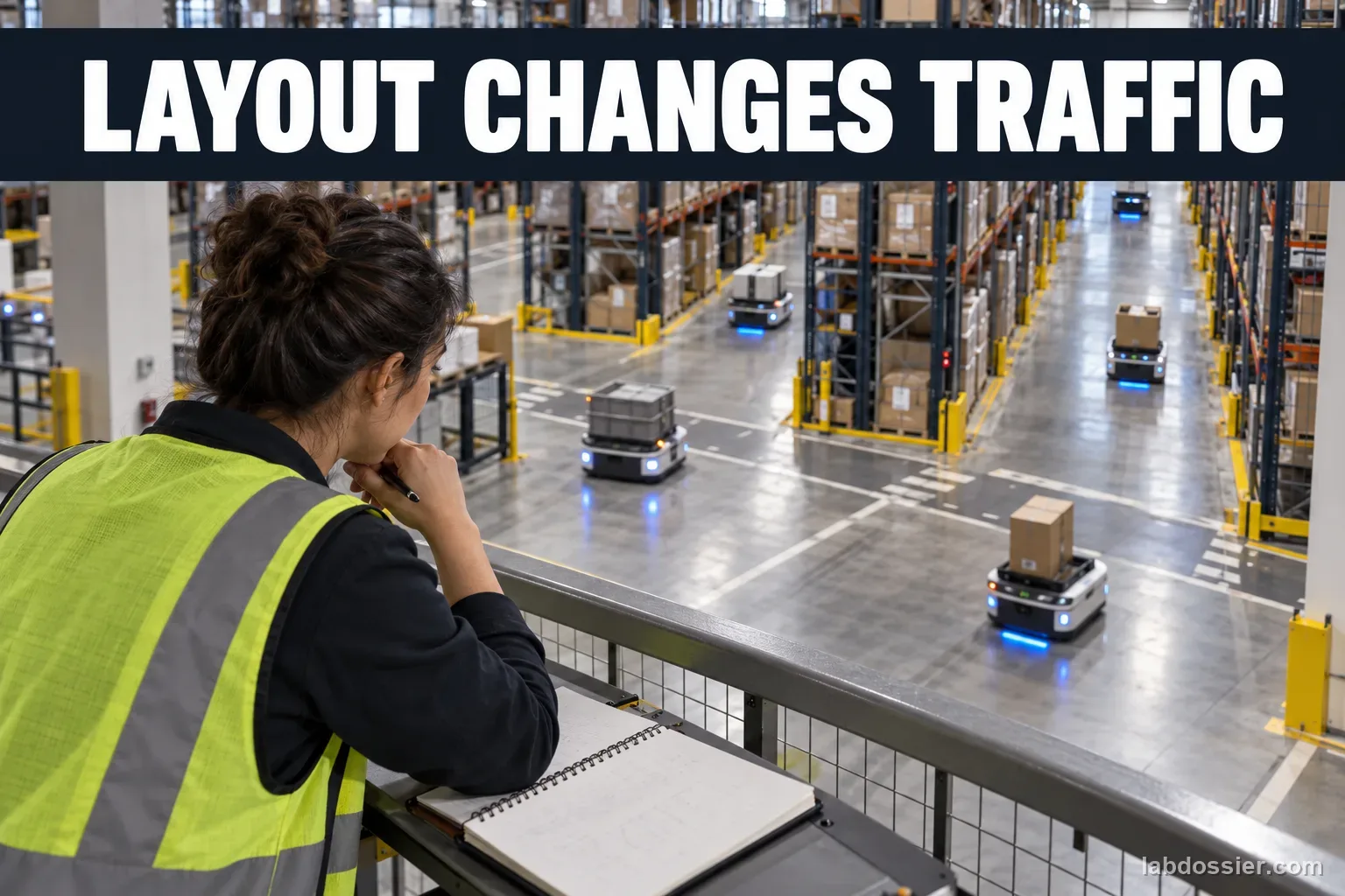 A warehouse planner observes autonomous robots moving through storage lanes from a mezzanine; headline reads LAYOUT CHANGES TRAFFIC.