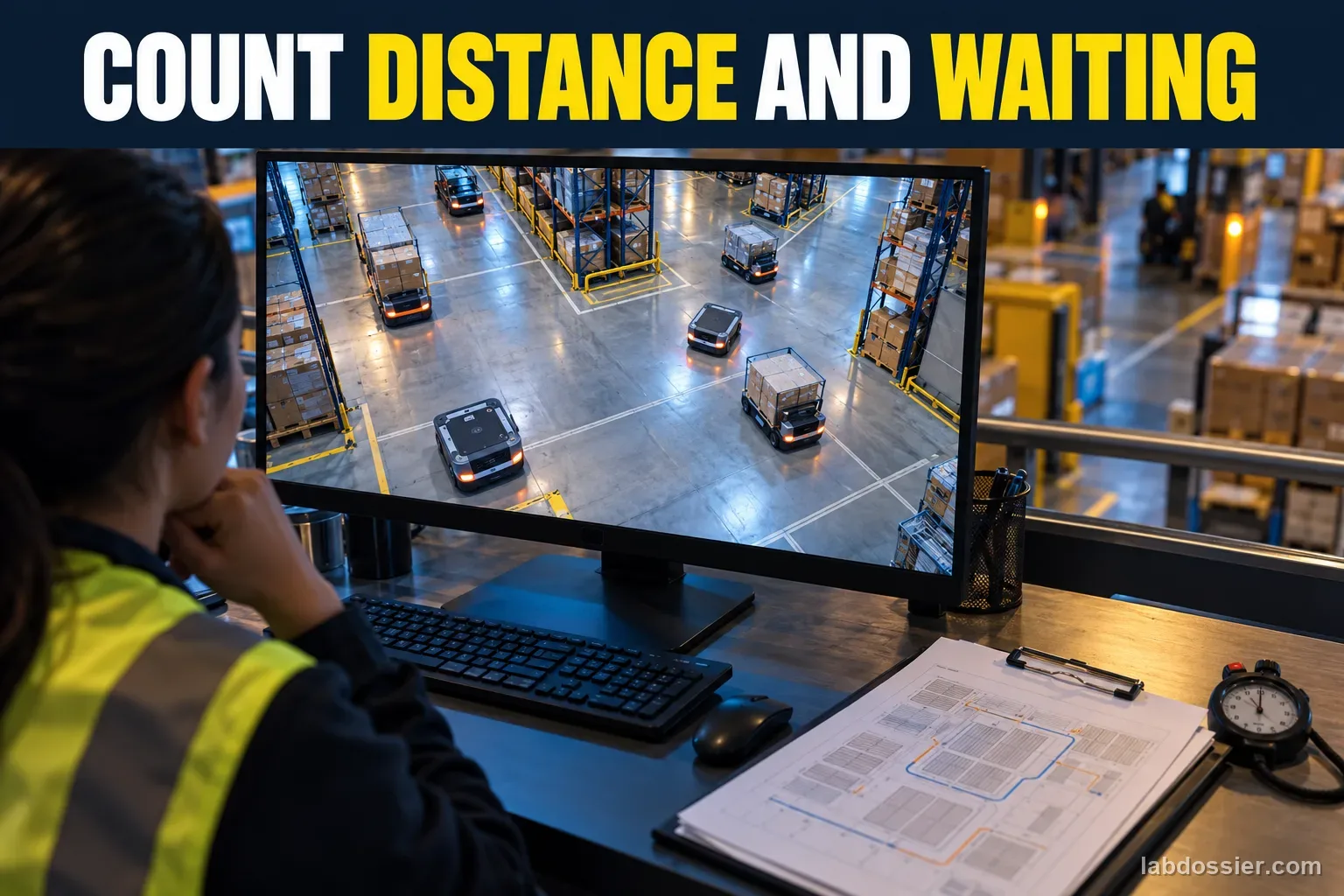 A warehouse operations planner reviews a top-down robot-floor view beside route notes and a stopwatch; headline reads COUNT DISTANCE AND WAITING.