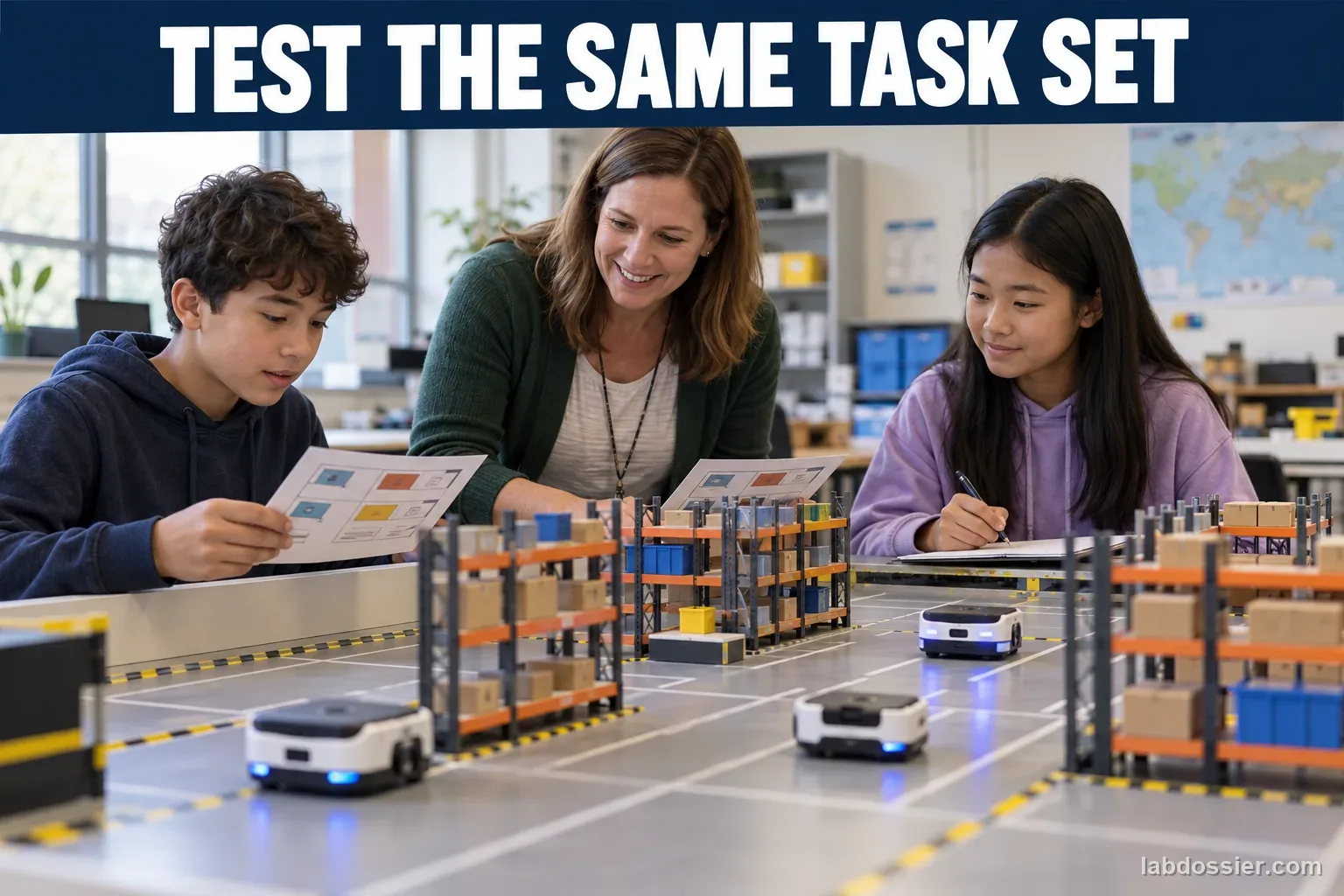 A teacher and two students compare a small tabletop warehouse model while mobile robot tokens move safely among miniature racks; headline reads TEST THE SAME TASK SET.