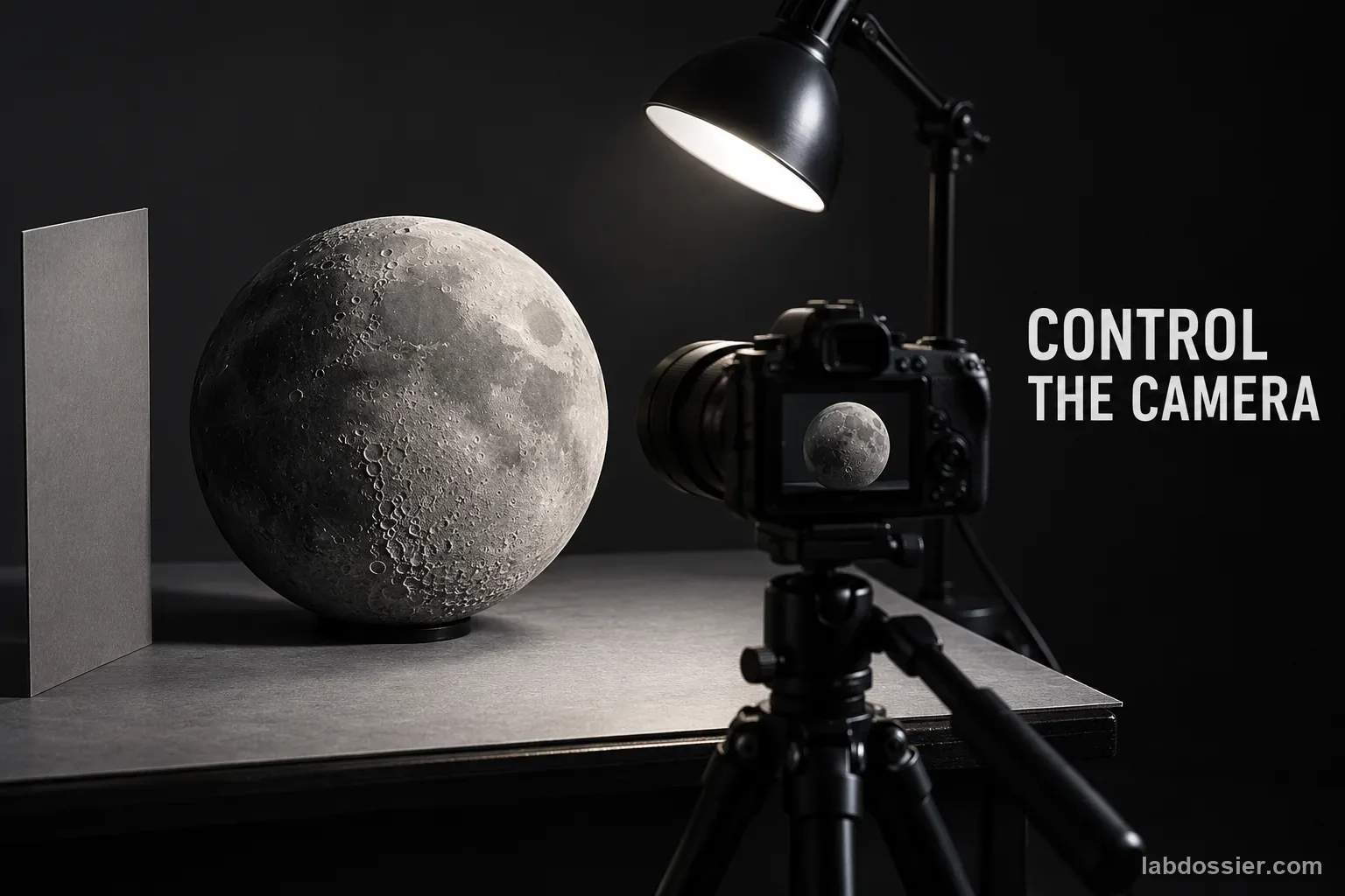A fixed gray cratered Moon model, neutral gray card, desk lamp and DSLR on a tripod; the headline reads CONTROL THE CAMERA.