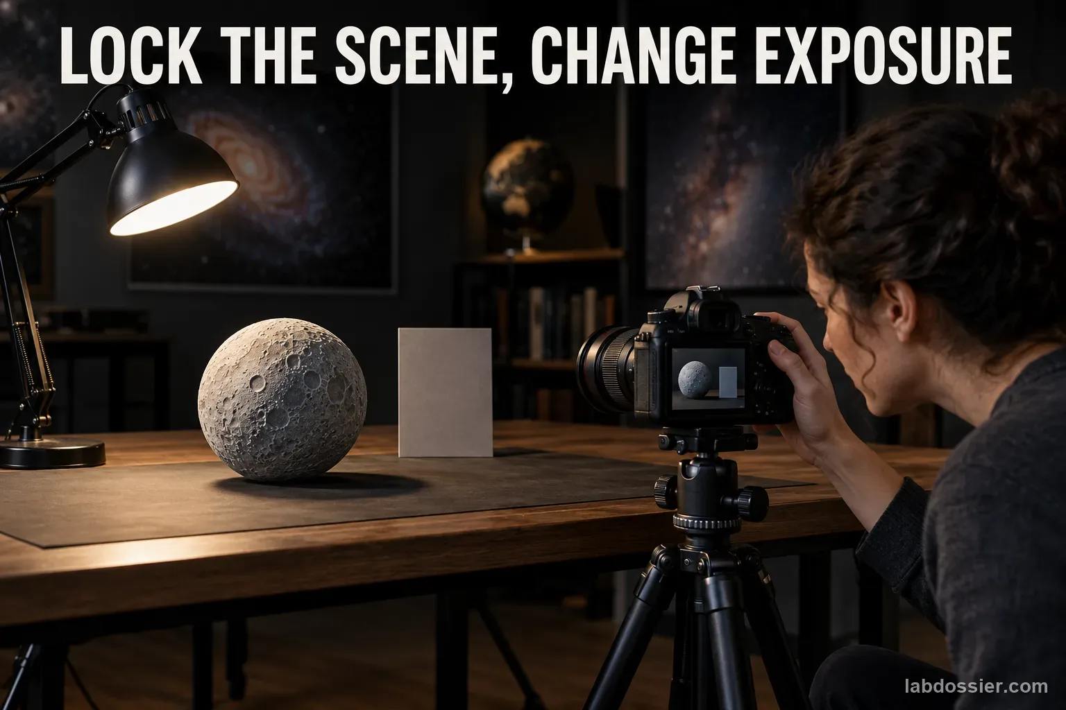 A student photographs the same matte cratered sphere and gray reference card under a steady desk lamp; the headline reads LOCK THE SCENE, CHANGE EXPOSURE.