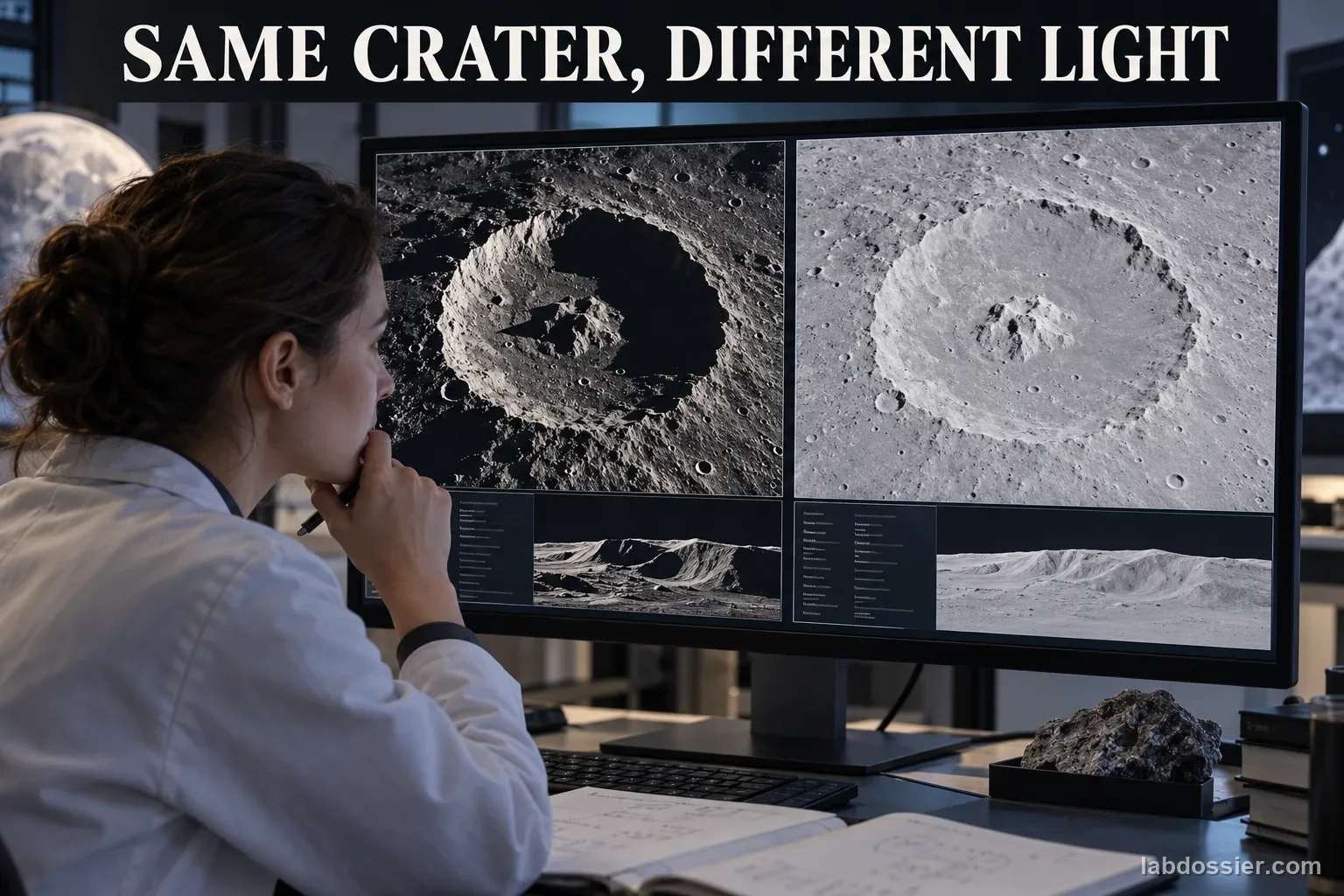 A lunar researcher studies two views of the same crater under different sunlight angles; the headline reads SAME CRATER, DIFFERENT LIGHT.