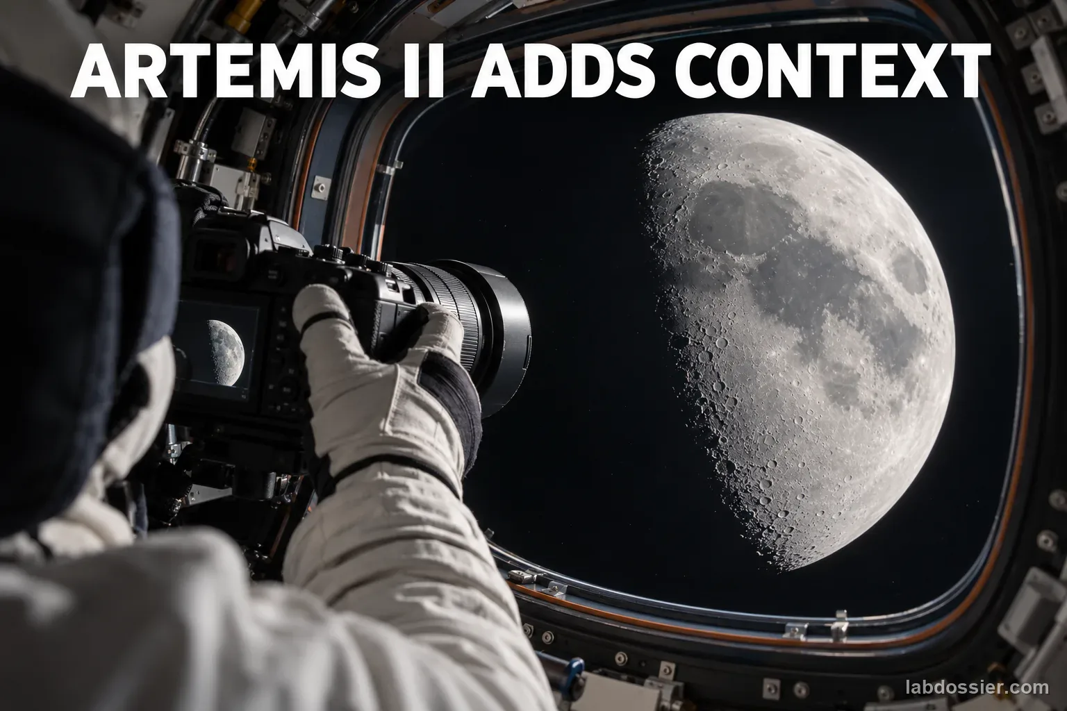 A crew member in a spacecraft holds a camera toward the Moon through a window; the headline reads ARTEMIS II ADDS CONTEXT.