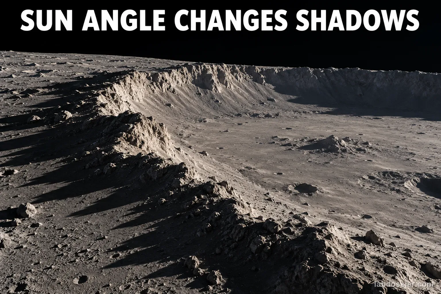 Low-angle sunlight casts long shadows across a detailed cratered lunar surface; the headline reads SUN ANGLE CHANGES SHADOWS.