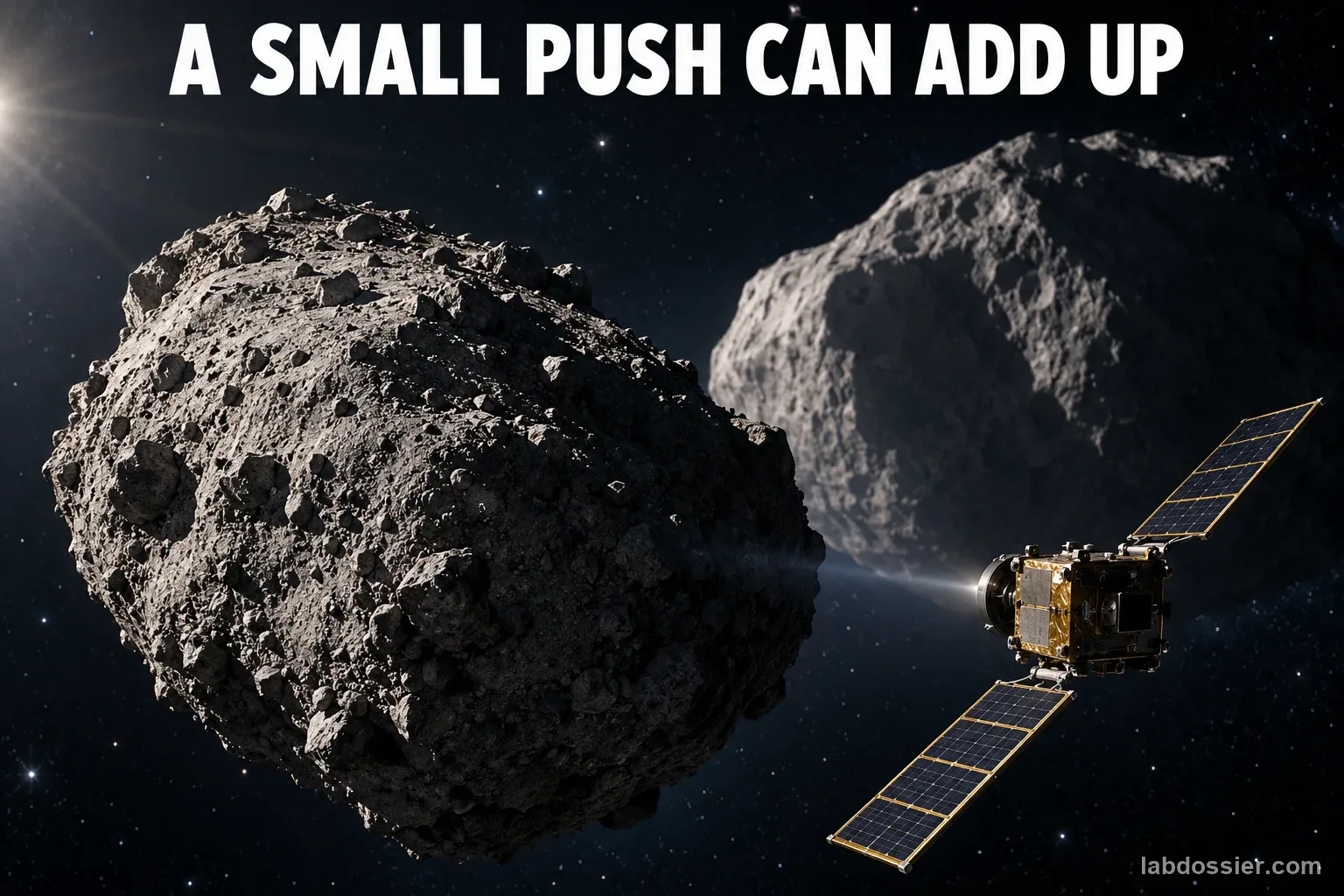 A small solar-powered spacecraft approaches the asteroid moon Dimorphos with Didymos behind; headline reads A SMALL PUSH CAN ADD UP.