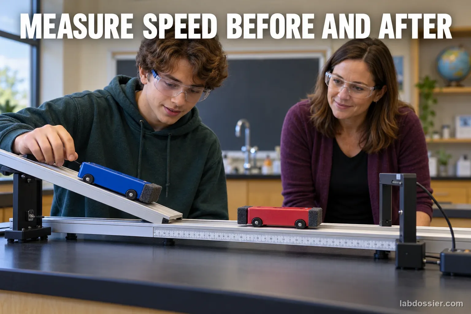 A student and teacher observe two soft-bumper dynamics carts colliding on a short track; headline reads MEASURE SPEED BEFORE AND AFTER.