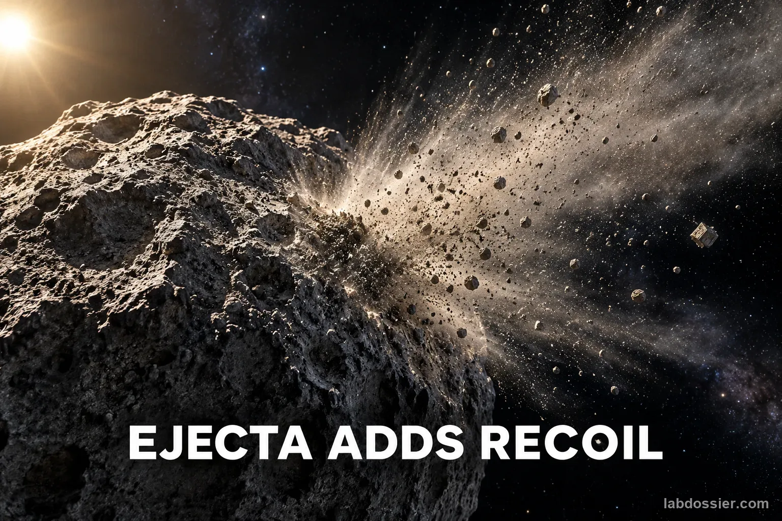 A rocky asteroid sheds an ejecta plume into space after impact; headline reads EJECTA ADDS RECOIL.