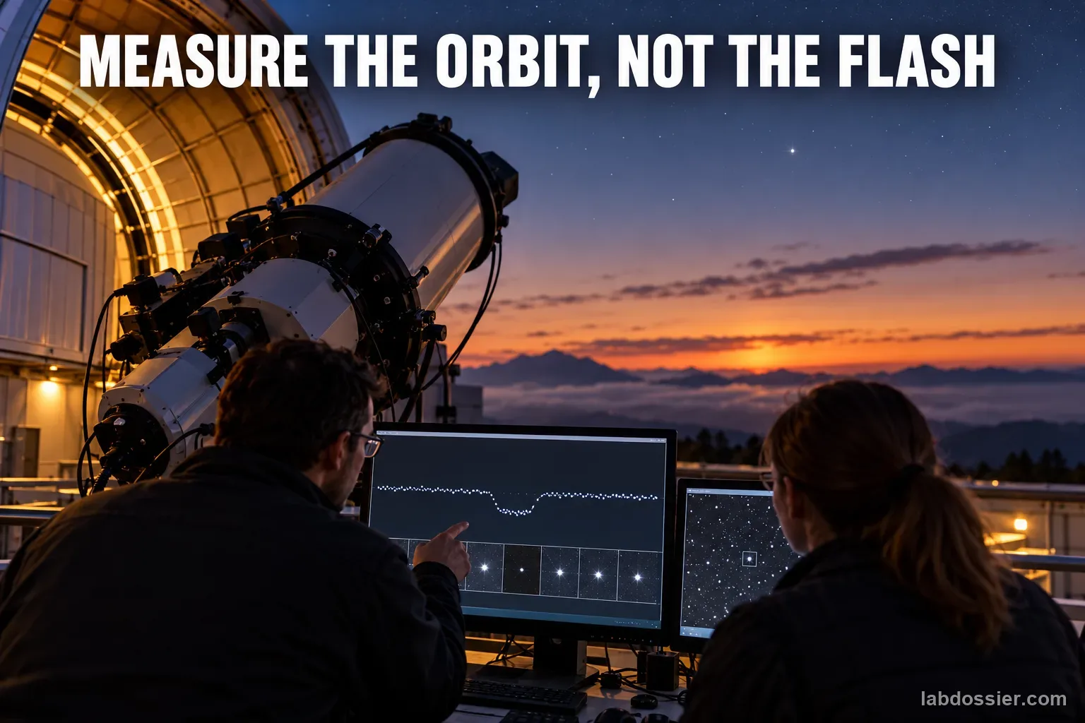 Astronomers use a ground telescope to observe a binary asteroid occulting a star; headline reads MEASURE THE ORBIT, NOT THE FLASH.