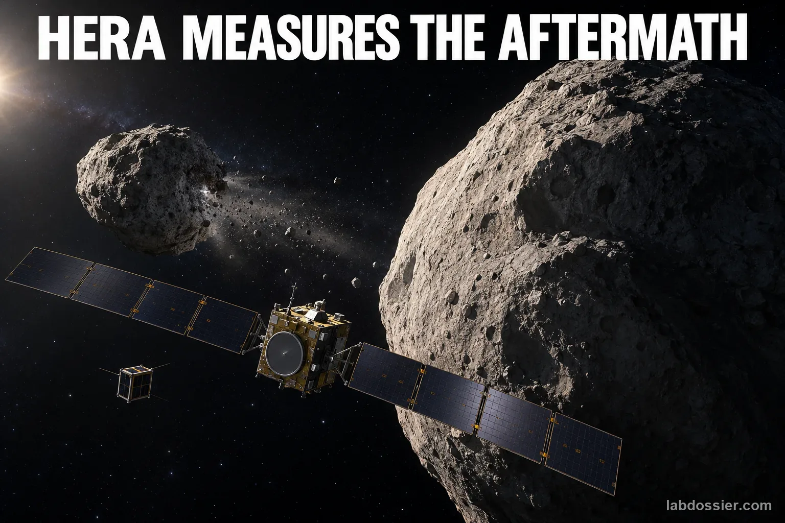ESA Hera and a small CubeSat survey the binary asteroids Didymos and Dimorphos; headline reads HERA MEASURES THE AFTERMATH.