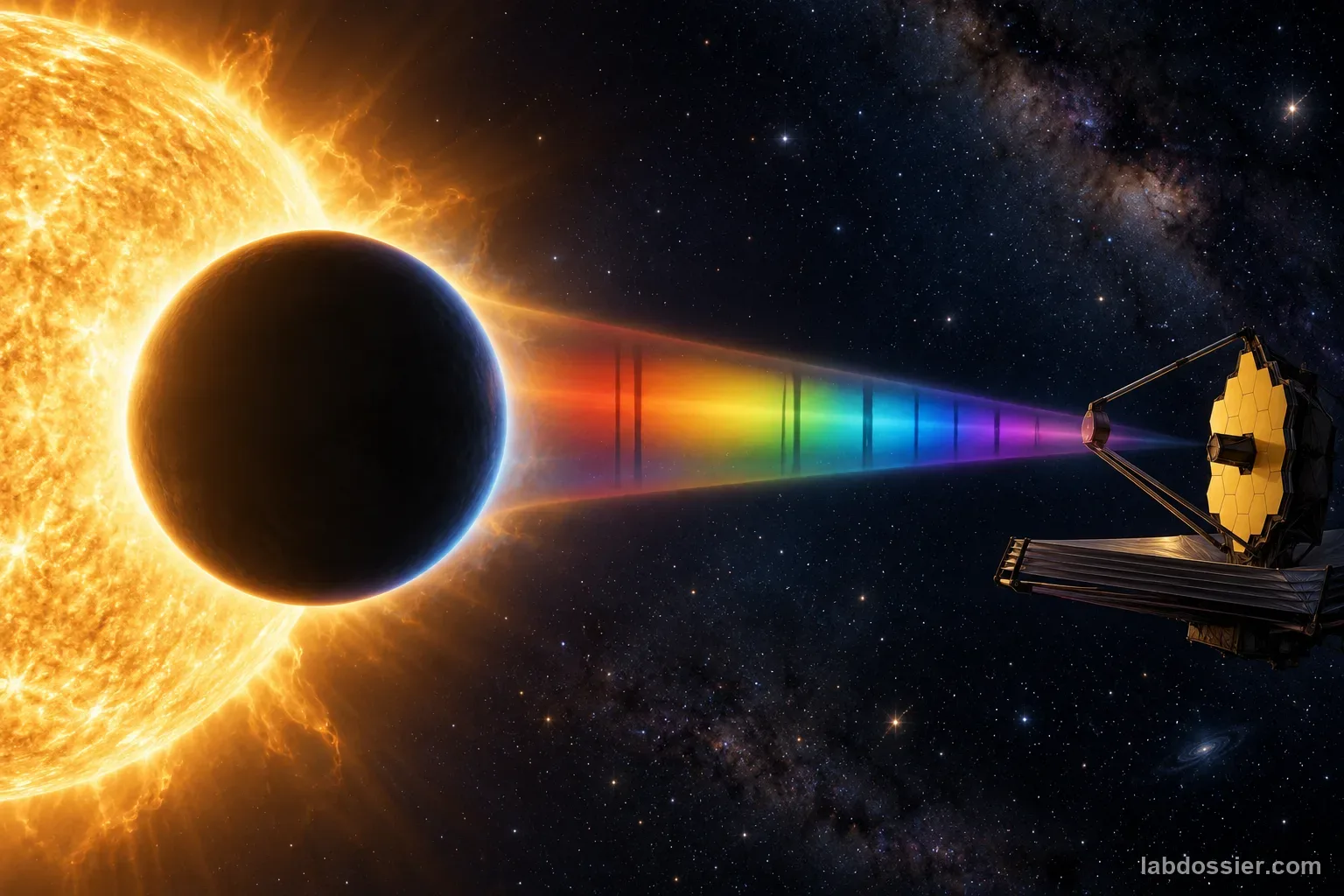 A transiting exoplanet's atmospheric limb filters starlight toward a space telescope, creating an illustrative spectral fingerprint with no measured values.
