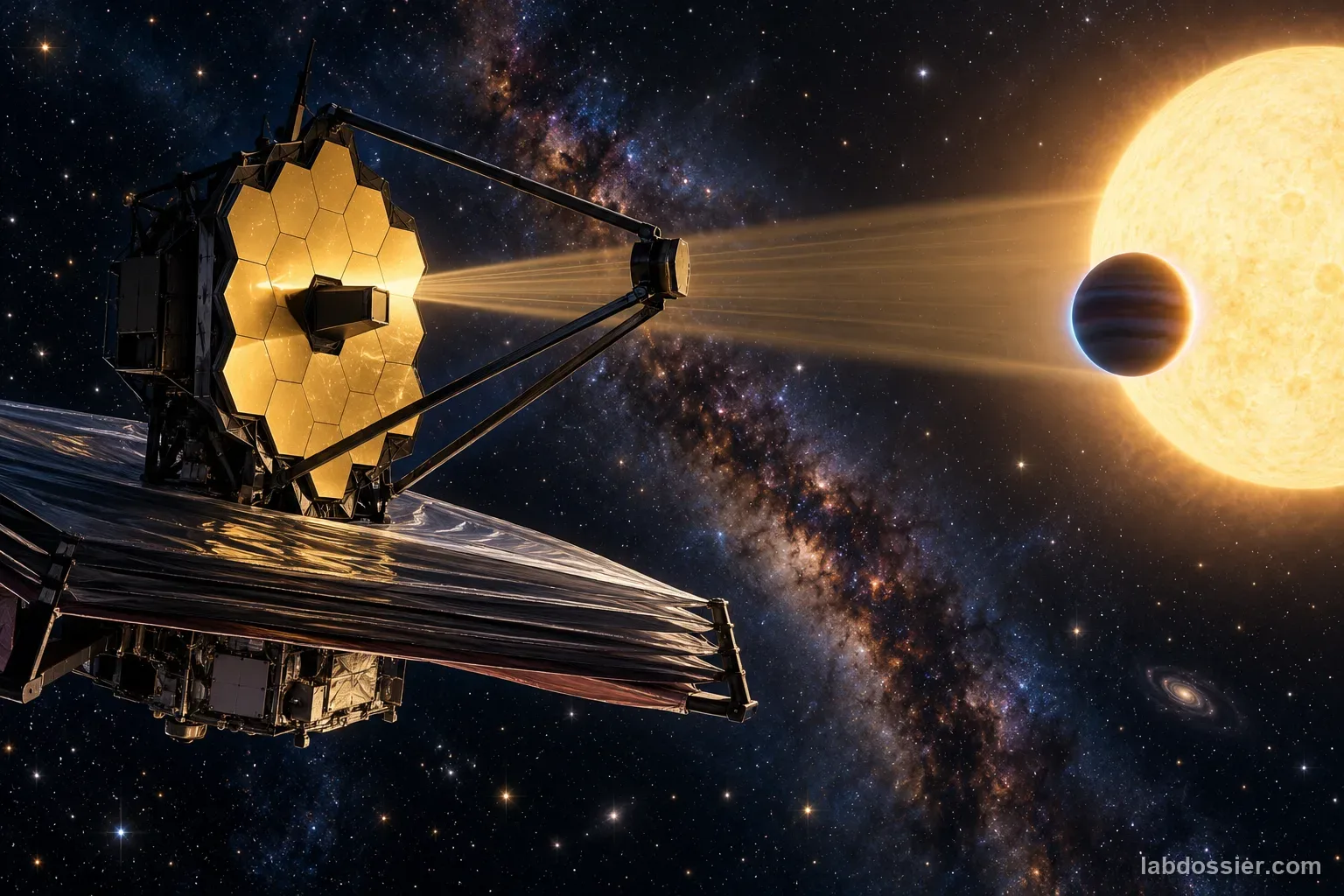 The James Webb Space Telescope observes a distant transiting exoplanet as starlight passes through its atmosphere.