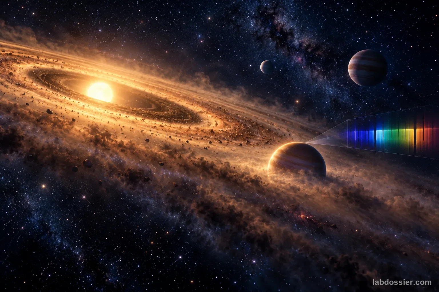 A dusty young planetary system with a faint giant planet distinguished through a subtle atmospheric spectrum; illustrative of direct-imaging spectroscopy.