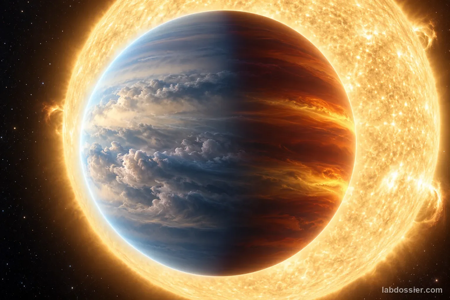 An exoplanet with a cloudier morning limb and clearer warmer evening limb, showing why one transmission spectrum can average different regions.