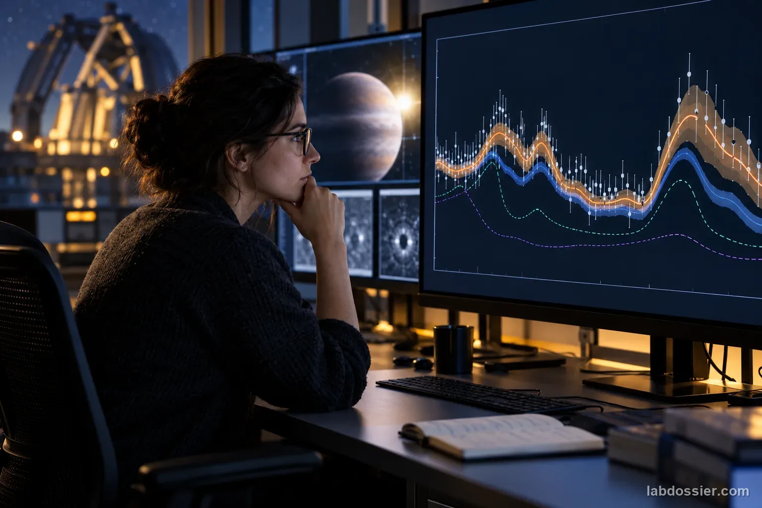 An astronomer compares noisy exoplanet spectral observations with several plausible atmospheric model fits and uncertainty bands.