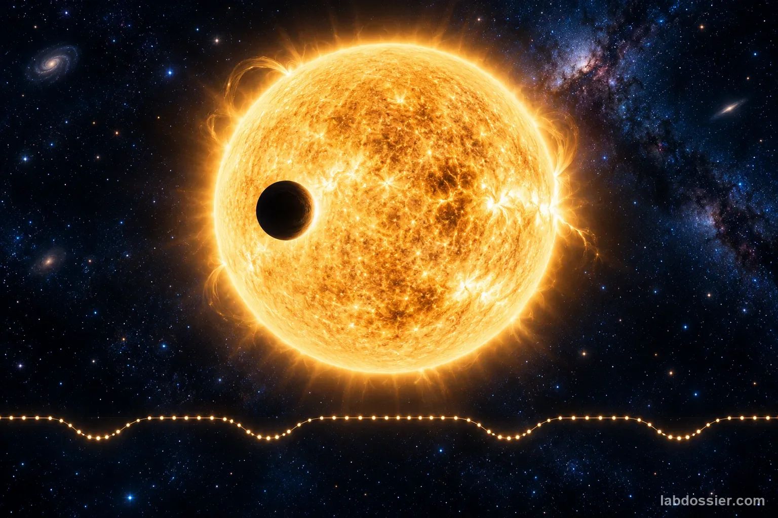 Editorial space illustration of a small exoplanet crossing a bright star, paired with a subtle repeating shallow dip motif; not a measured light curve.