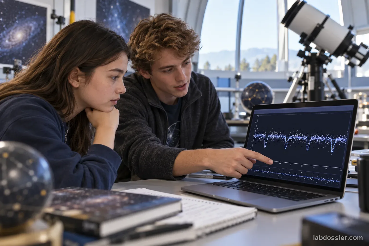 Two students examine a scattered stellar brightness plot on a laptop with a faint repeating dip; the screen shows no measured target or labeled values.