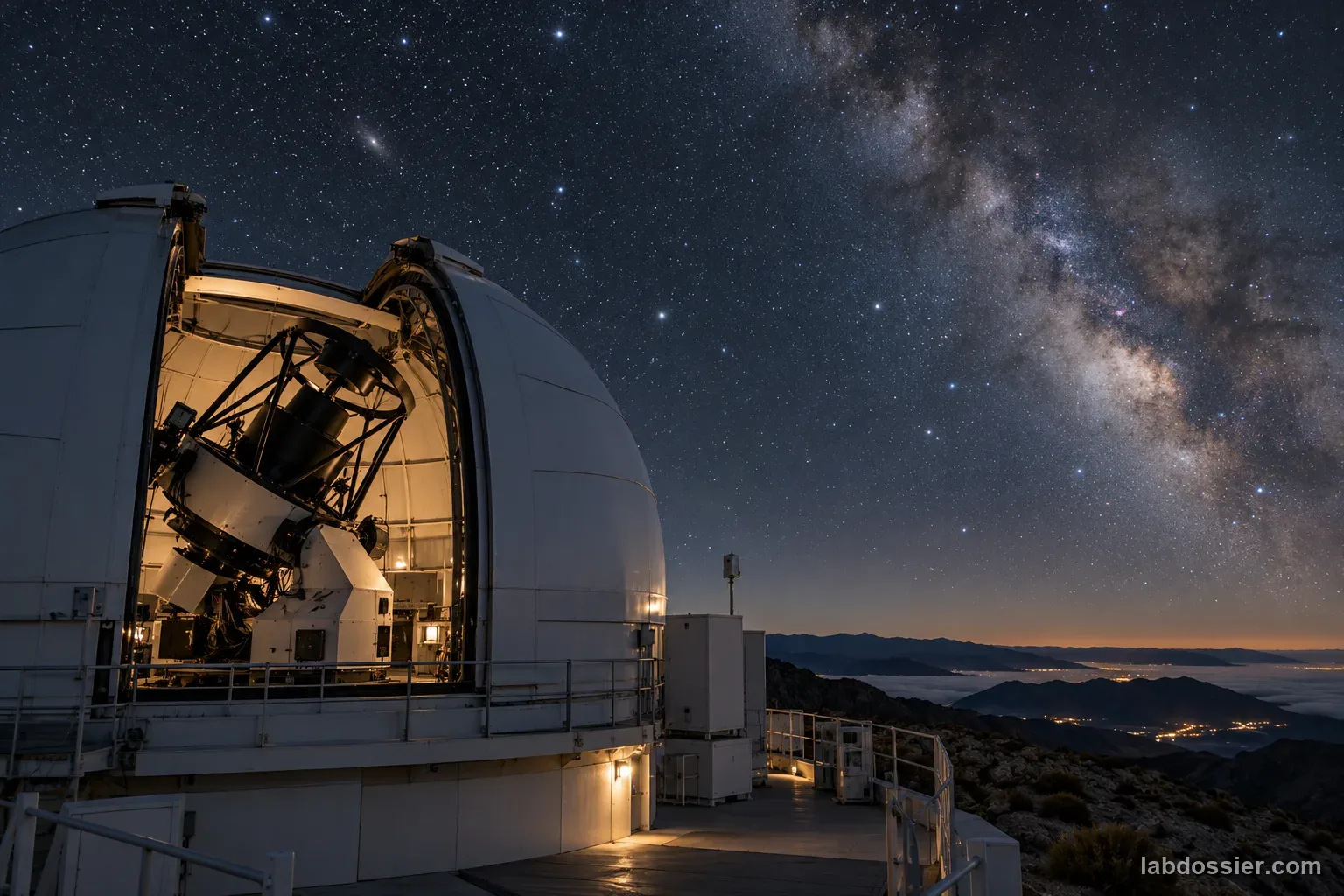 A robotic telescope at a mountain observatory tracks stars at night during photometric observations for repeated transit measurements.