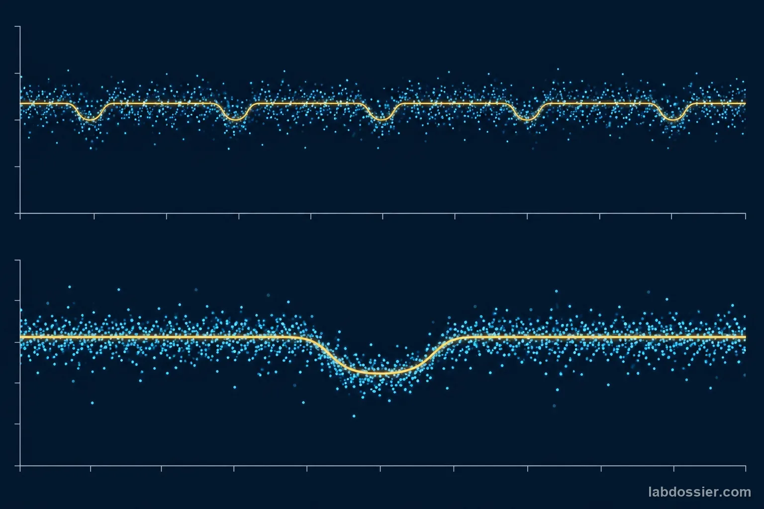 Scientific concept plot shows noisy repeated shallow dips aligning into one phase-folded transit profile; no axes values or observations are claimed.