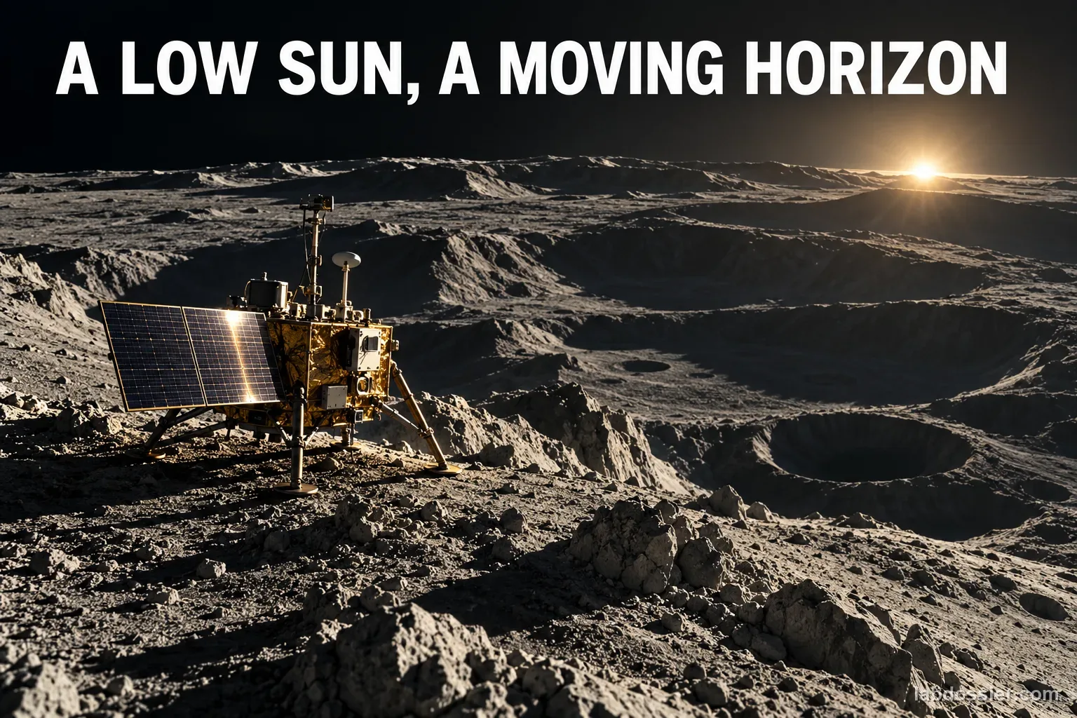 A robotic solar-powered lander sits on a rugged lunar south-polar ridge under a low Sun; headline reads A LOW SUN, A MOVING HORIZON.