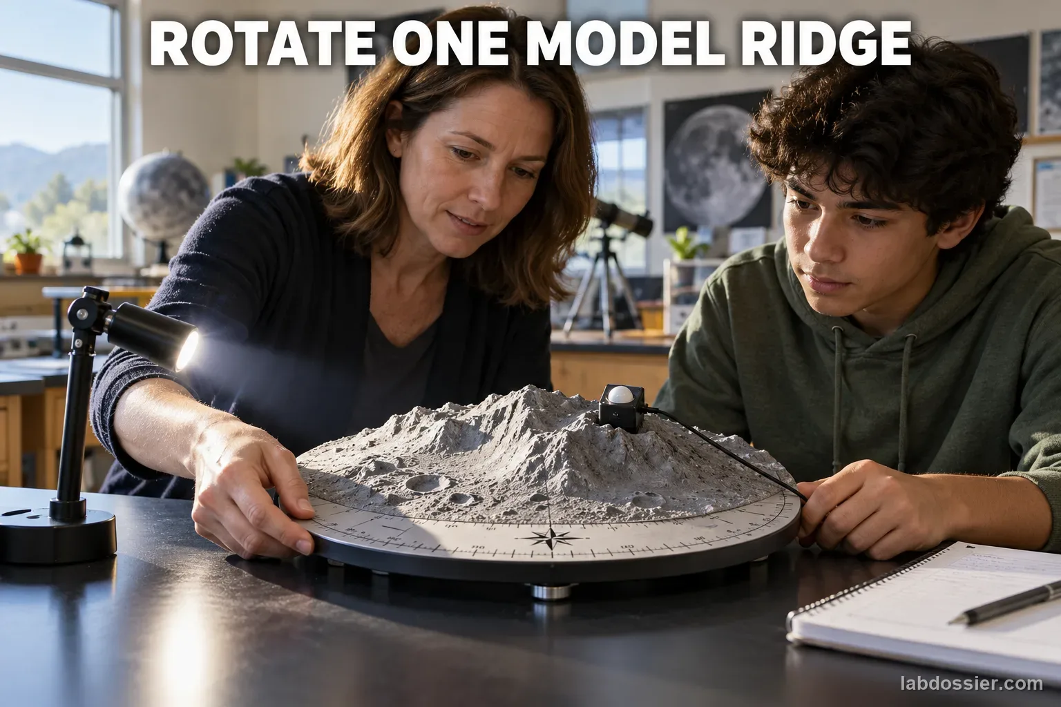 A teacher and student rotate one physical lunar ridge model beneath a fixed lamp; headline reads ROTATE ONE MODEL RIDGE.