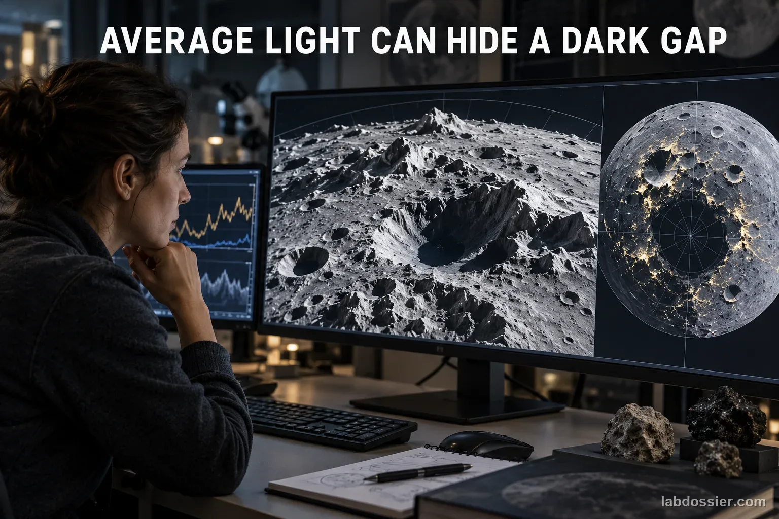 A planetary geologist studies a three-dimensional lunar south-pole terrain model and illumination visualization; headline reads AVERAGE LIGHT CAN HIDE A DARK GAP.