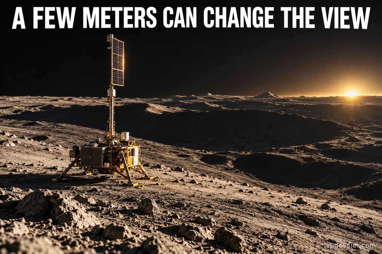 A lunar lander carries a solar panel on a tall mast above rough polar terrain; headline reads A FEW METERS CAN CHANGE THE VIEW.