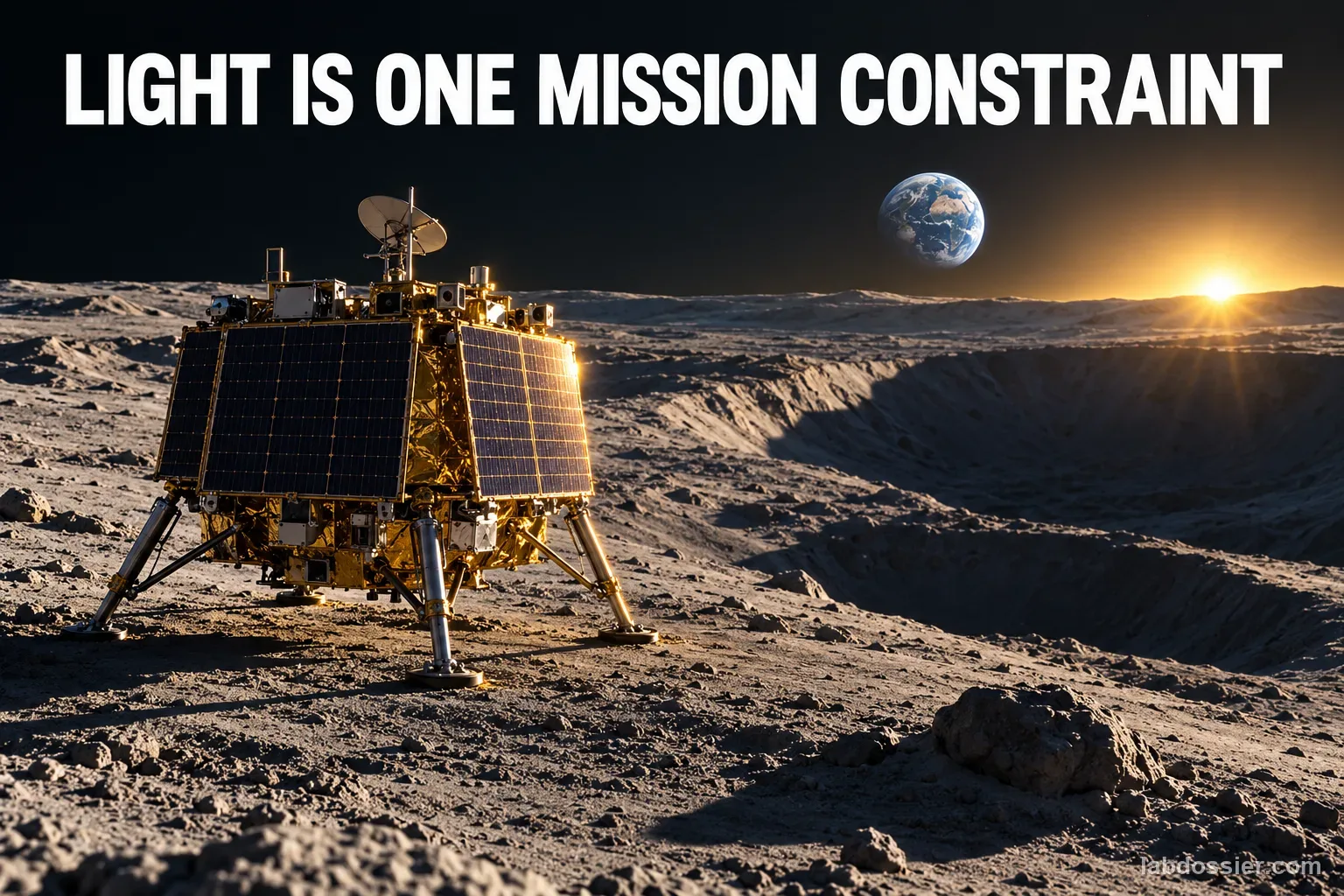 A solar-powered lunar lander on a ridge has the Sun low and Earth visible above the horizon; headline reads LIGHT IS ONE MISSION CONSTRAINT.