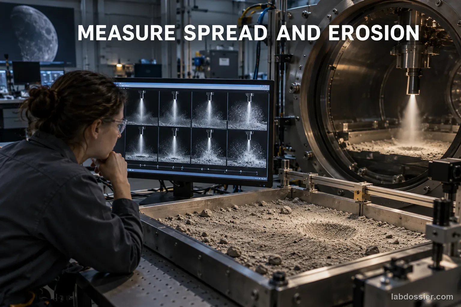 A researcher reviews ejecta patterns from an instrumented vacuum chamber test; headline reads MEASURE SPREAD AND EROSION.