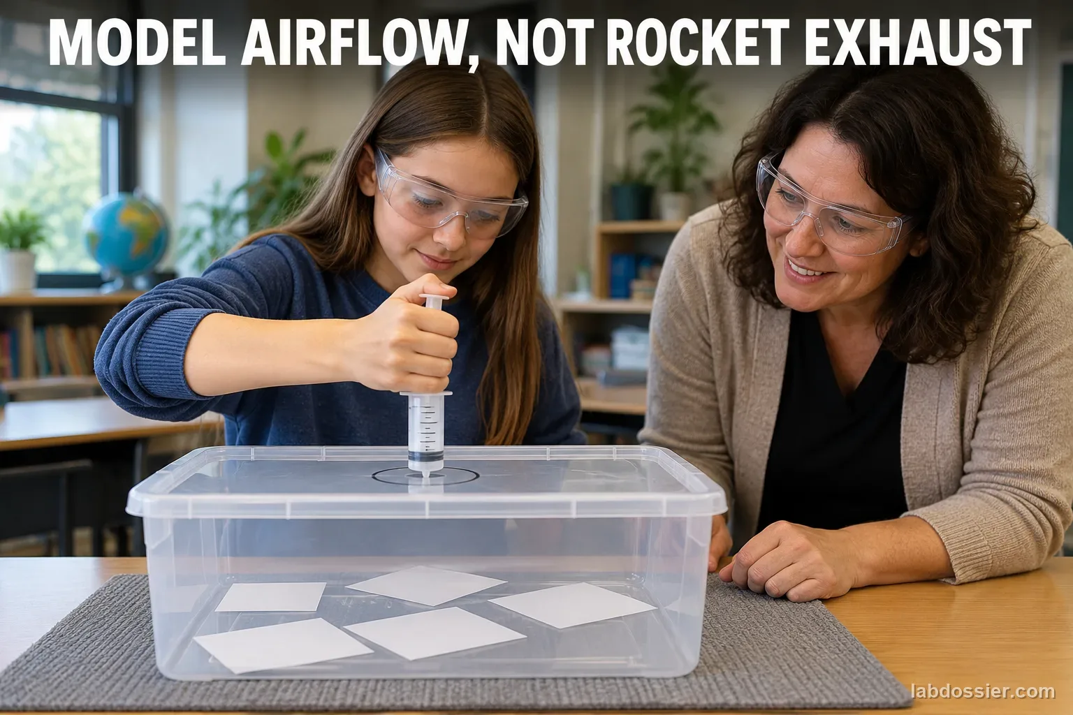 A student and teacher use a blunt syringe above large paper squares in a clear tray; headline reads MODEL AIRFLOW, NOT ROCKET EXHAUST.