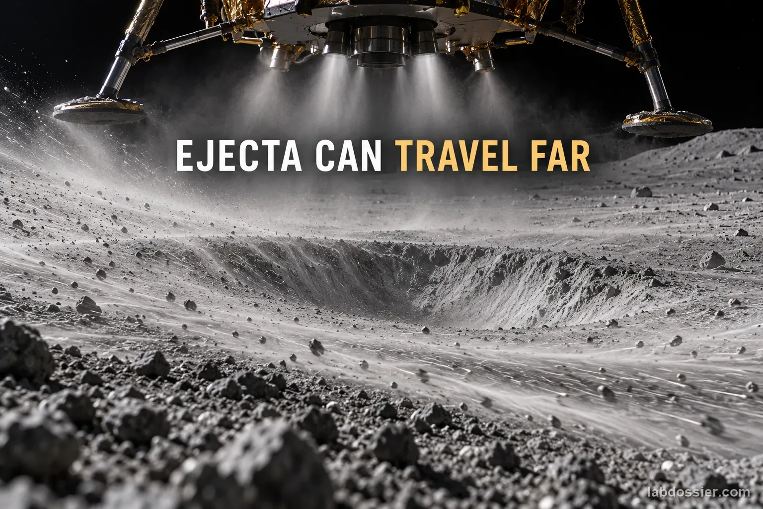 A lunar lander plume sends regolith ejecta across the lunar surface; headline reads EJECTA CAN TRAVEL FAR.