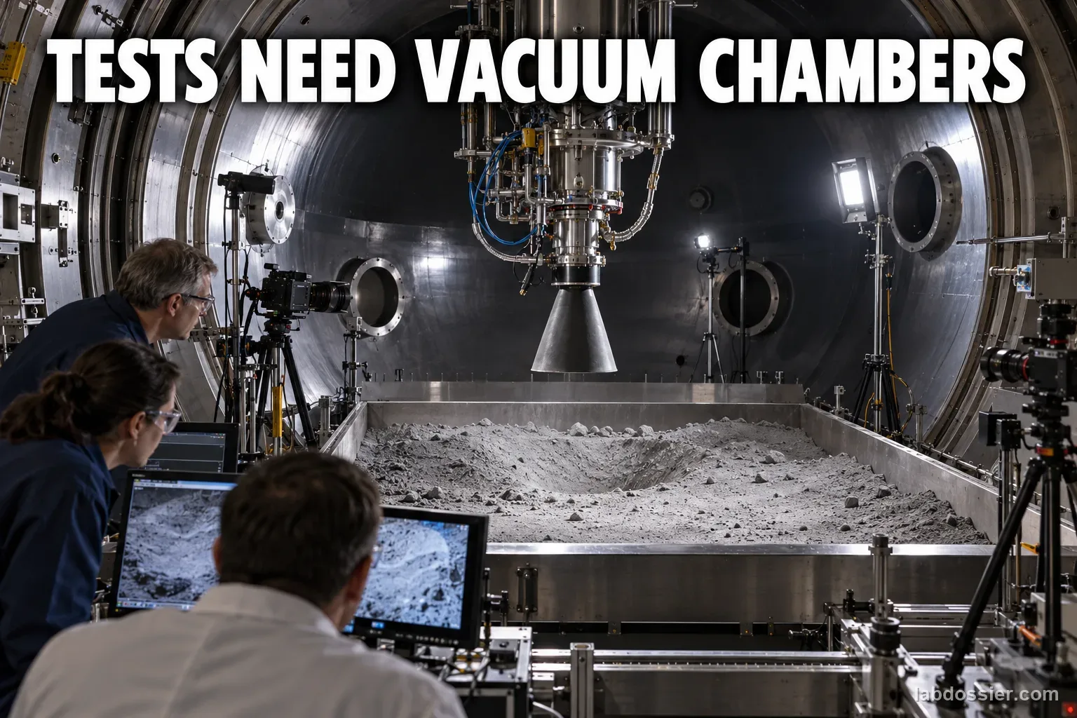 Researchers observe a regolith tray inside a large vacuum chamber; headline reads TESTS NEED VACUUM CHAMBERS.