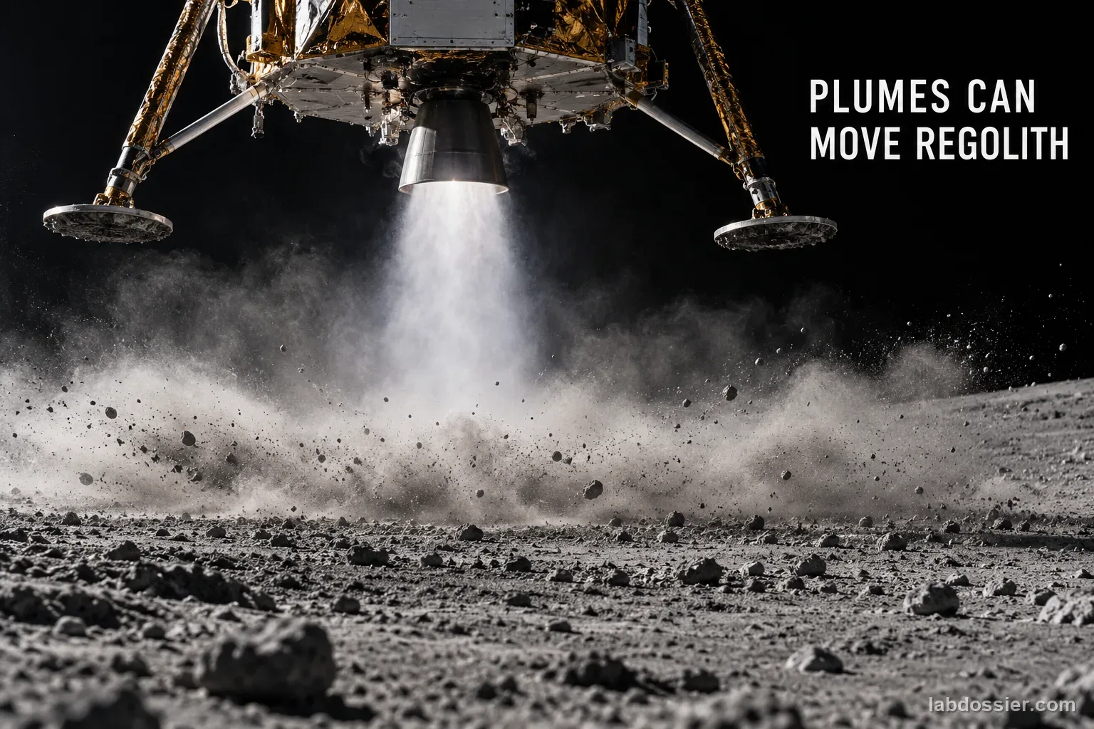 A lander plume moves fine lunar surface material beneath the vehicle; headline reads PLUMES CAN MOVE REGOLITH.