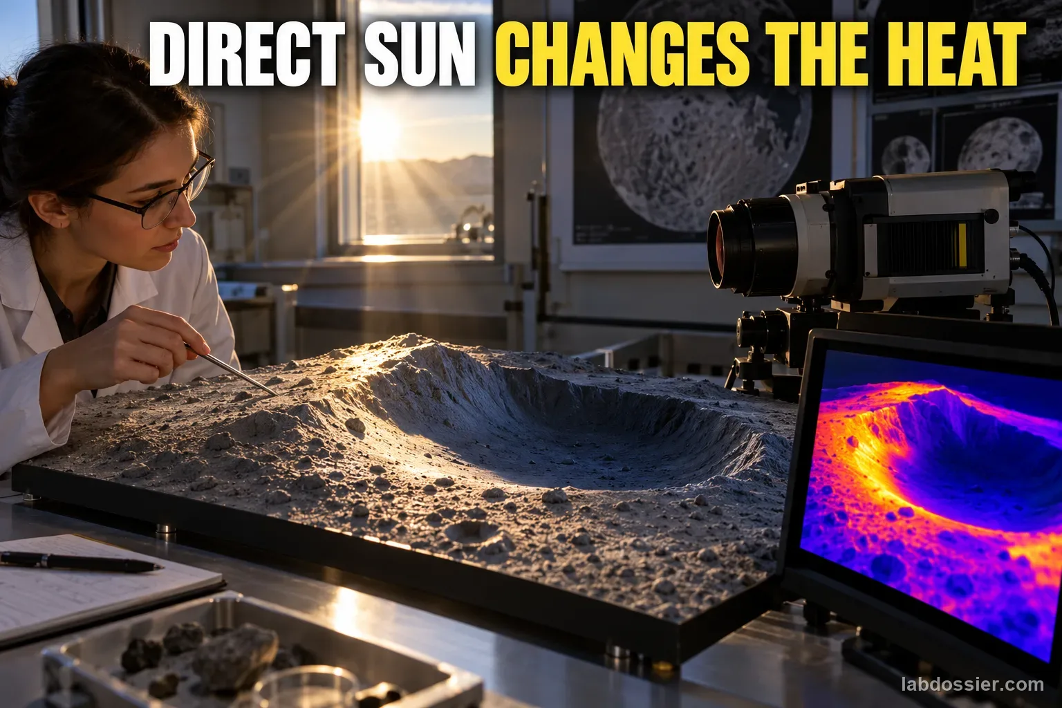 A planetary scientist compares a lunar crater model with an infrared thermal camera view; headline reads DIRECT SUN CHANGES THE HEAT.
